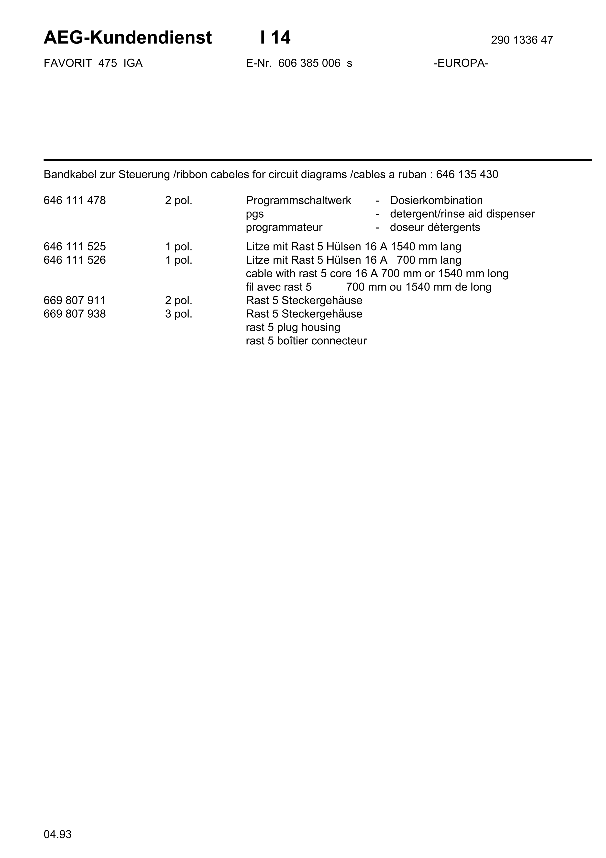 Explosionszeichnung AEG 60638500600 Favorit 475 I S Explosionszeichnung AEG 60638500600 Favorit 475 I S