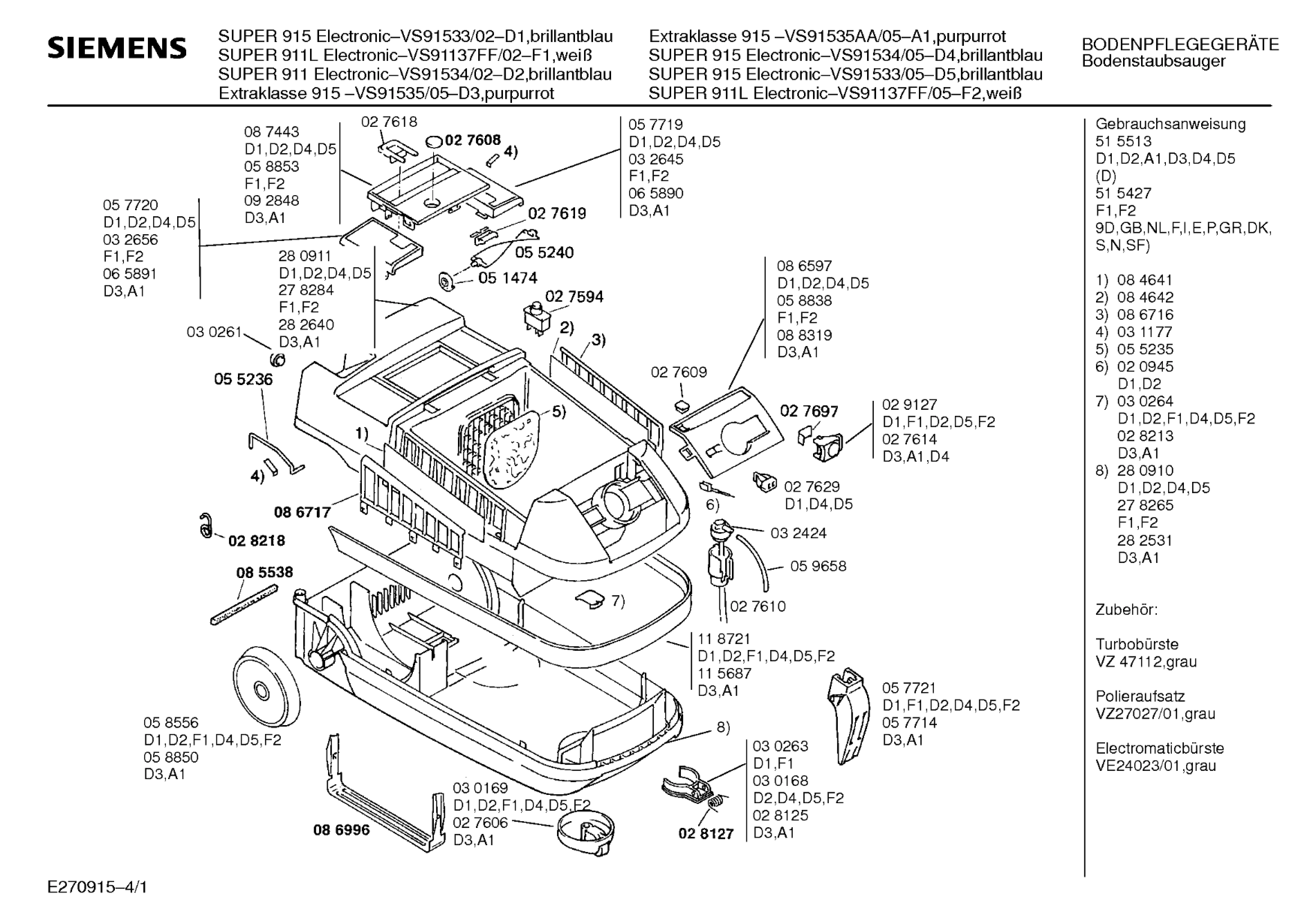 Explosionszeichnung Siemens VS91137FF/02 SUPER 911 L ELECTRONIC Explosionszeichnung Siemens VS91137FF/02 SUPER 911 L ELECTRONIC